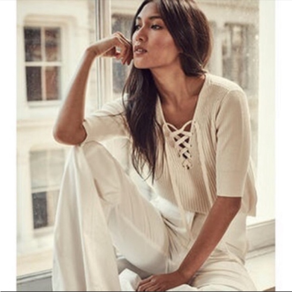 Veronica Beard Marley Cream Lace up Textured Knit Sweater ribbed half sleeve